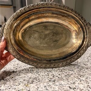 Ornate Vintage Silver-Tone Oval Serving Tray - Gold Interior